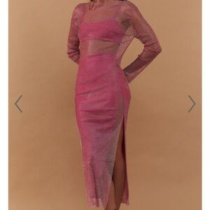 Pink mesh long sleeve embellished sheer dresss